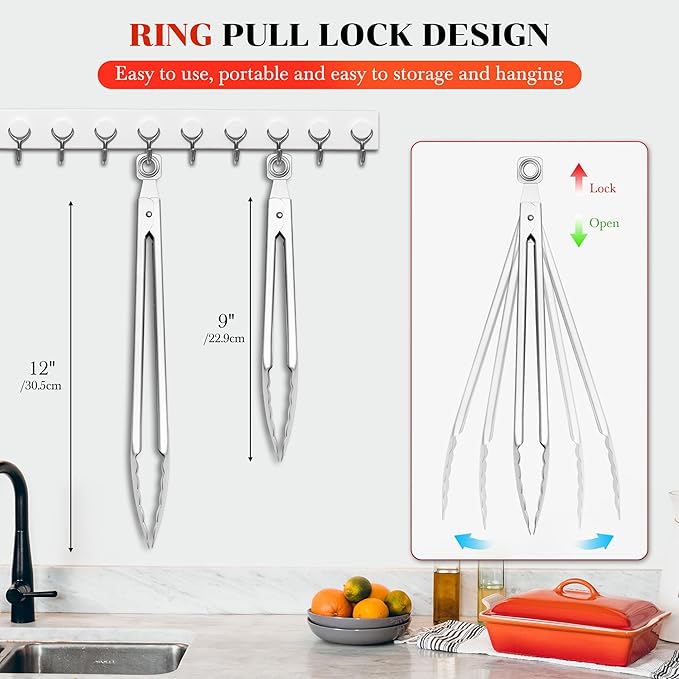 Kitchen Tongs for Cooking - 9 Inch & 12 Inch Heat Resistant Stainless Steel Metal Locking Tong, BBQ Tongs Grill Tong for Cooking, Grilling, BBQ/Barbecue, Food (All Metal - 9"+12")
