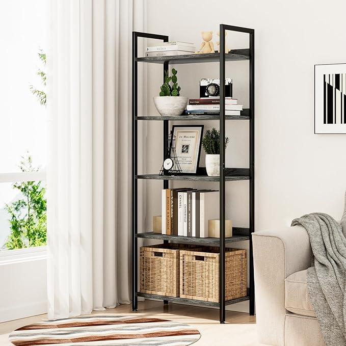 NUMENN Bookshelf, 5 Tier Freestanding Shelving Unit, Dark Grey | Metal Frame & Wood Shelves, Falling Prevention Baffle, Open Storage Bookcase for Bedroom, Living Room & Home Office
