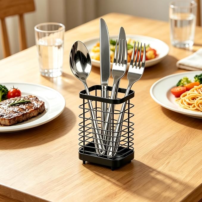 Utensil Holder, Stainless Steel Utensil Drying Rack for Kitchen Counter, Silverware Cutlery Flatware Holder Forks, Knives, Spoons, Chopsticks Organizer (Black)