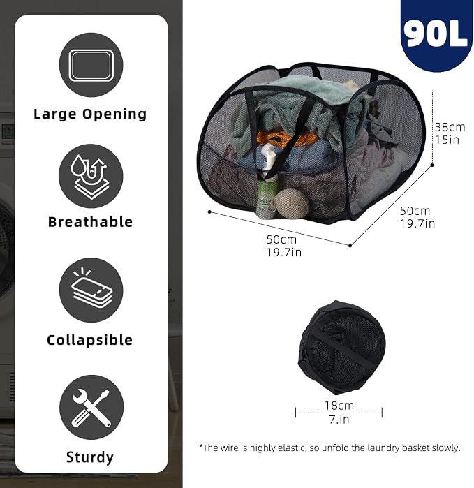 Collapsible Laundry Basket 90L, Mesh Pop-up Hamper, Black | Foldable Laundry Basket, Side Storage Pocket, Handles, Dirty Clothes Hamper for Bedroom, Bathroom, Dorm, Travel, Camping