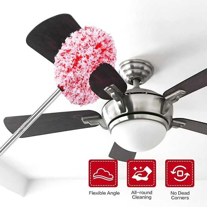 Ceiling Fan Cleaner Duster Reusable Microfiber Ceiling Fan Blade Cleaner Removable Duster with Extension Pole Adjusts 13 to 49.7 Inch for Cleaning Walls Furniture Door Window Top (Red White)