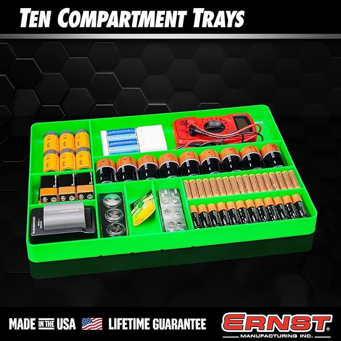 Ernst Manufacturing 10 Compartment Drawer Organizer: Heavy Duty Stackable Tray for Automotive Garage Tool Organization - Low-Profile Toolbox Storage - Nuts and Bolts, Tools, Parts, Easy to Clean - Red