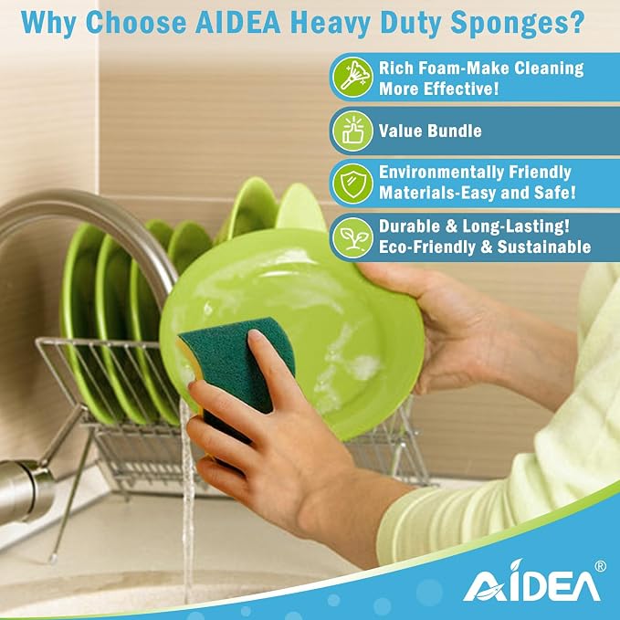 AIDEA Sponges Kitchen, 50 Pack Heavy Duty Dish Sponge, Cleaning Dish Scrubber Sponge for Home and Kitchen, Stink-Free Cleaning Supplies for Pots, Pans