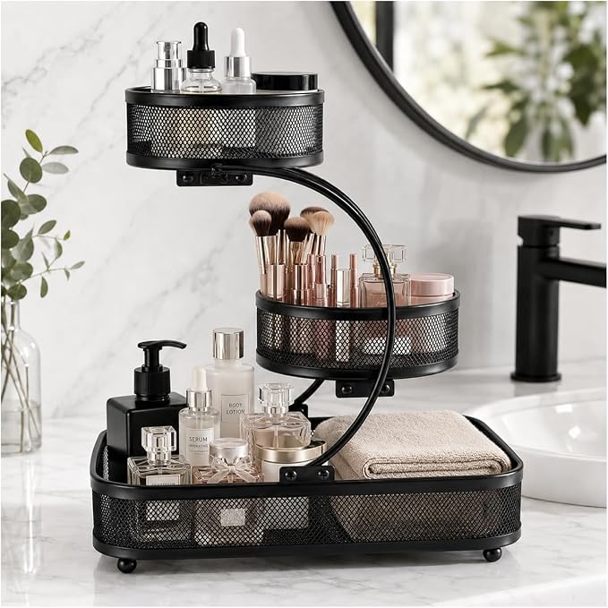 3 Tier Bathroom Counter Organizer-Cologne Organizer | Water-Resistant Open Metal Vanity Organizer, Ultra-Stable Dresser Top Shelf with Strong Load Capacity, Black