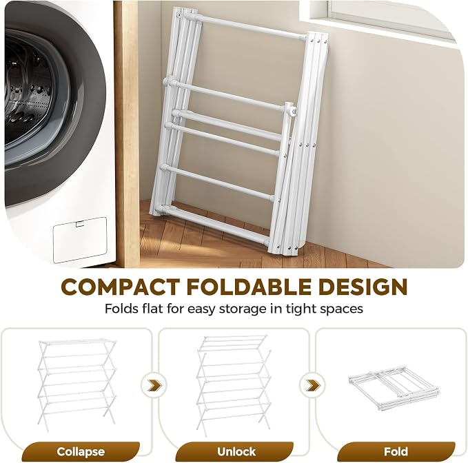 KINGBOARD 3-Tier Extendable Clothes Drying Rack, Small & Foldable, White | 37.4"H x 33.8"W x 11.2"D, Space-Saving Collapsible, Easy Assembly, Rust-Resistant Iron Frame, Indoor Outdoor Use, 25lb