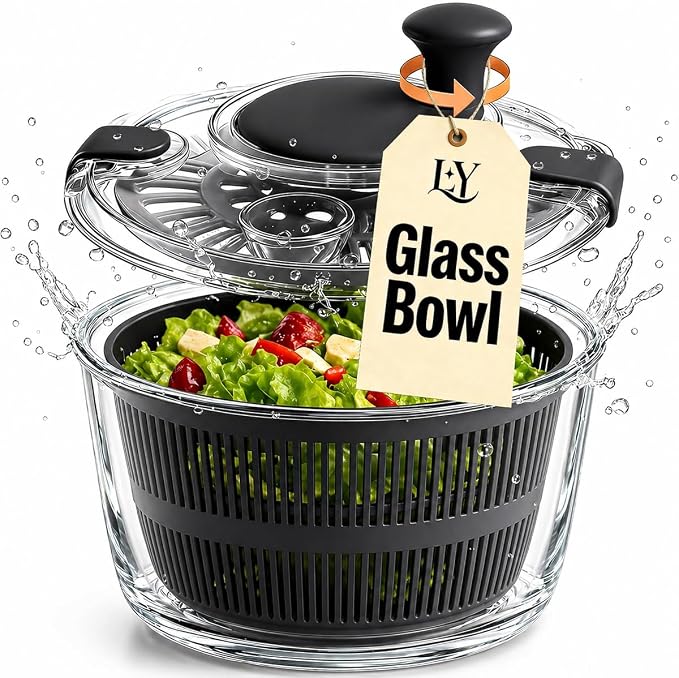 Large 5.2 Qt Glass Salad Spinner with Drain,Black | Microwave- and Dishwasher-Safe Glass Bowl, Transparent Lid, Crank Handle, Quick-Spin Salad Cleaner for Lettuce, Herbs & Fruit