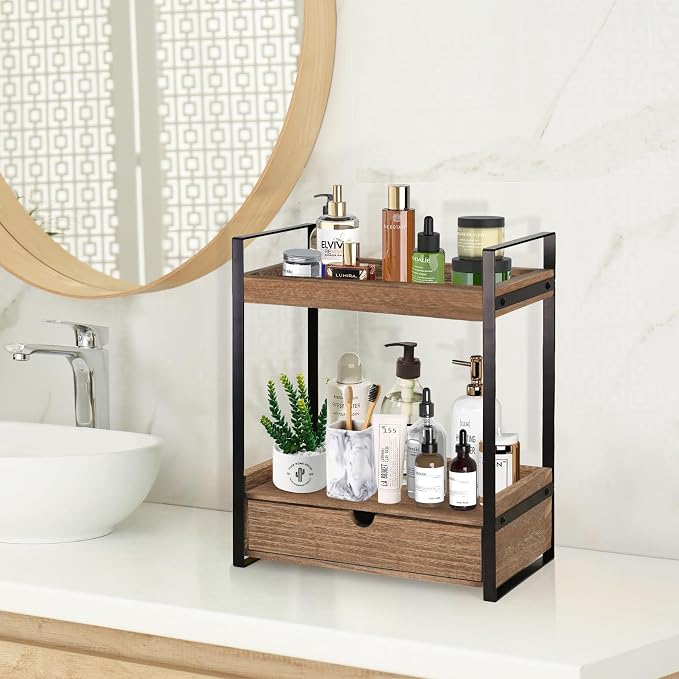 Ukonvi 2-Tier Bathroom Organizer Countertop with Drawer, Wood Counter Shelf for Storage, Vanity Tray for Organization and Decor, Countertop Organizer for Bathroom, Kitchen, Office (Dark Brown)