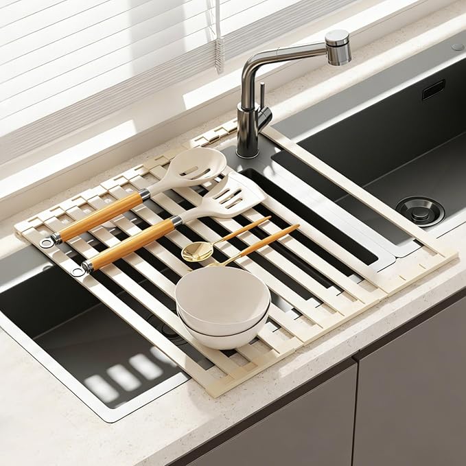 Foldable Over Sink Dish Drying Rack, Extra Wide & Thick Rust-Proof Aluminum Sink Cover for Counter Space, Collapsible Dish Drying Rack Fits Most Kitchen Sinks (White, 20.5“x13.6)