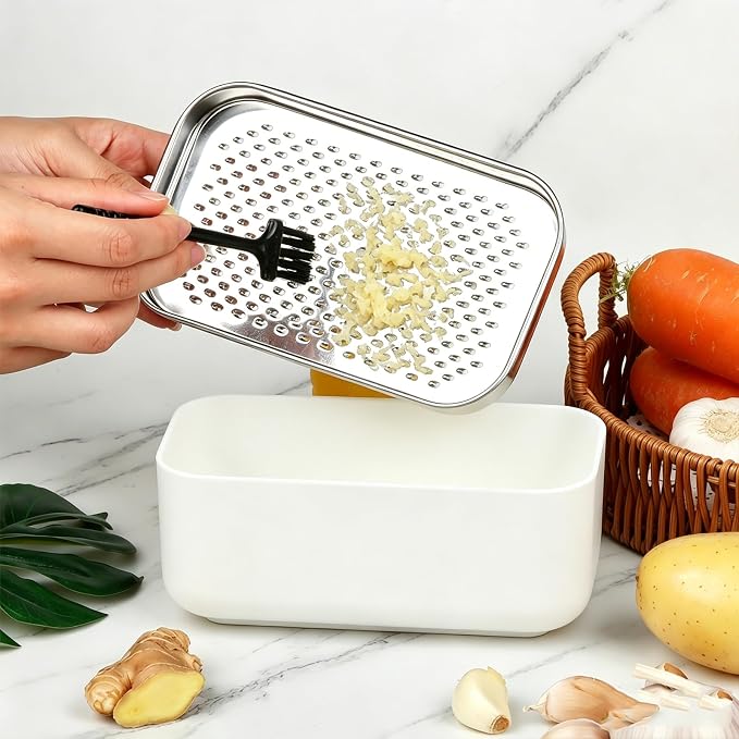 Cheese Grater with Storage Container, Box Grater Stainless Steel for Vegetables, Cheese Shredder 2 Sharp Blades for Fine & Coarse, Non-Slip Base, Lemon Zester, Includes Cleaning Brush (White)