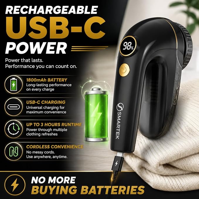Smartek Rechargeable - Fabric Shaver for Clothes - Lasts for Hours Between Charges - 2-Speeds with High and Low Lint Shaving Modes - Built-in LED Screen - Lint Shaver for Removing Fuzz and Pilling