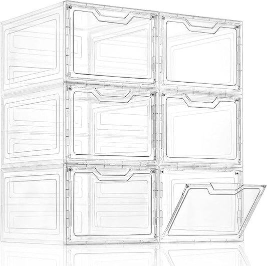 Freebat 6 Pack Closet Organizers and Storage,Clear Stackable Plastic Storage Bins with Lids Magnetic Doors,Clothes Organizers and Storage,Plastic Craft Containers for Wardrobe Kitchen Bathroom Office