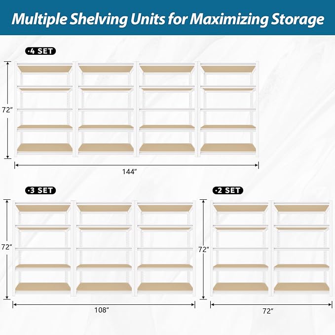 PrimeZone 36" W x 16" D x 72" H Closet Storage Shelves - 5 Tier White Metal Connector Shelving, Adjustable Heavy Duty Garage Shelves, Utility Rack Organizer Shelf for Kitchen Pantry Closet Garage