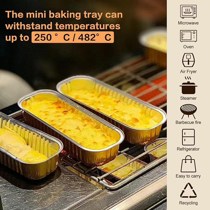 100 Pack Mini Cake Pans with Lids and Spoons, Mini Loaf Baking Pans 6.8oz, Small Disposable Aluminum Foil Loaf Pans, Rectangular Baking Containers for Party and Picnics, Cheesecake Pans (Gold)