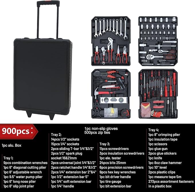 Hantinstom 900PCS Pro-Grade Tool Set: Massive Selection; Heavy-Duty Rolling Toolbox; For Professional Repair, Maintenance & Industrial Use