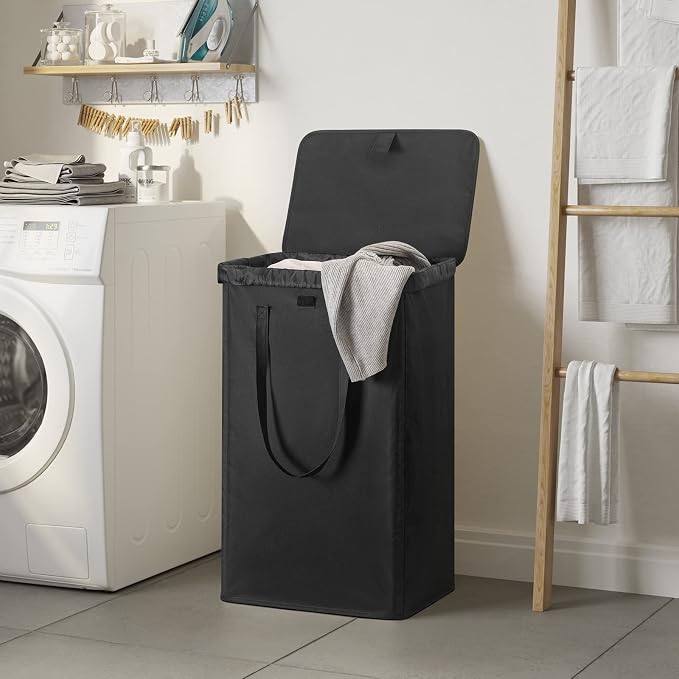 WOWLIVE 100L Black Laundry Hamper with Lid, Dirty Laundry Basket for Dorm | Tall Collapsible Dirty Clothes Hamper with 2 Removable Bags and Handles for Laundry Room, College Dorm
