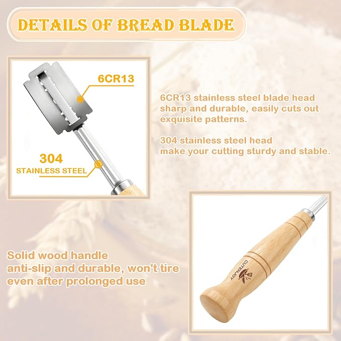 Bread Lame and Flour Duster, 304 Stainless Steel Sourdough Baking Tools with Razor Blades & Leather Cover, Professional Bread Scoring Knife for Baking