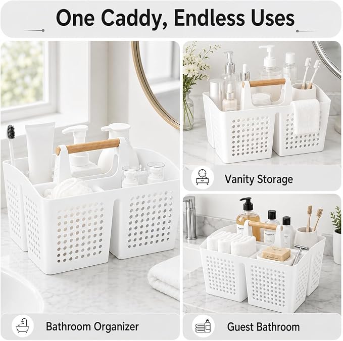 Portable Shower Caddy Basket with Wood Handle, 3-Compartment Bathroom Organizer Tote with Drain Holes, Plastic Shower Basket for Dorm, Toiletries, Cleaning Supplies, White
