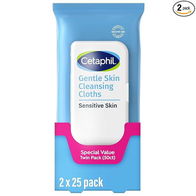 Cetaphil Cleansing Face & Body Wipes, Fragrance Free, 50ct, 2-Pack | Twin Pack, Hypoallergenic, Fragrance Free, Dry & Sensitive Skin, Flip-Top Closure, For Gym, Travel & Car Use