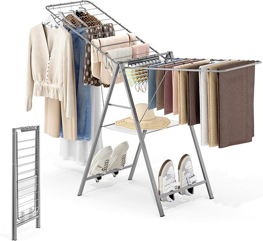 APEXCHASER 6 Height Adjustable Clothes Drying Rack with Shoe Slots, Grey | Pre-Assembled, Stable Load Structure, 22 Drying Rails, Foldable Space-Saving For Efficient Indoor & Outdoor Airflow Drying