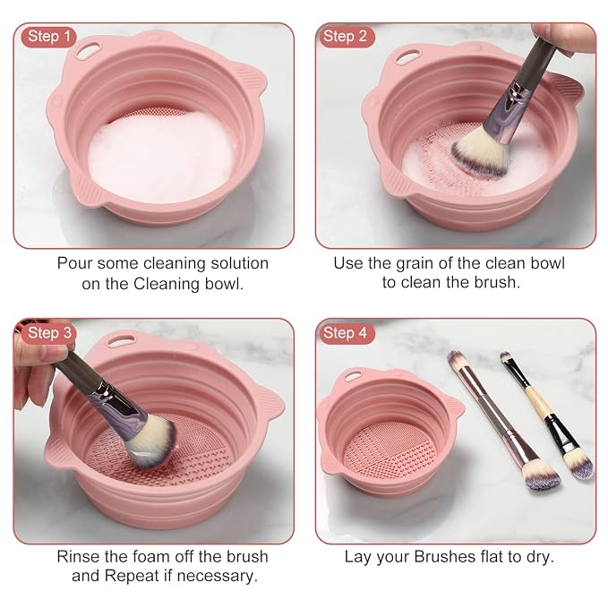 Foldable Silicone Makeup Brush Cleaner Bowl | Portable Cleaning Tool For Brushes, Powder Puffs, Sponges (Pink)
