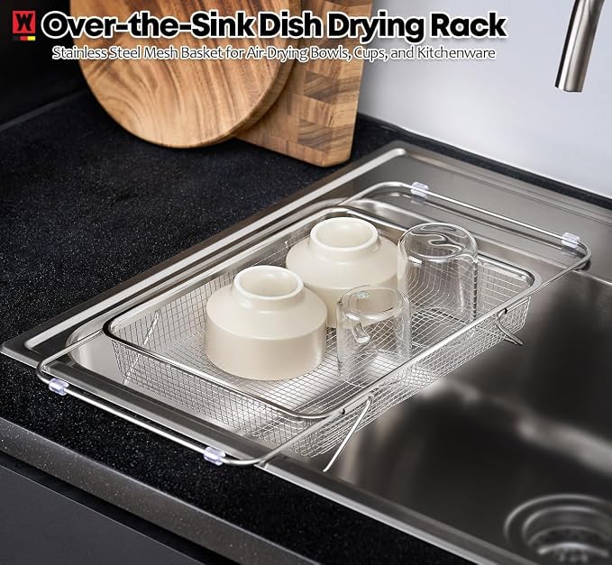 WAGENSTEIGER Extendable Dish Rack with Feet, Vegetable Colander Basket, Stainless Steel Dish or Silverware Drying Rack, Ultimate Kitchen Organizer Over the Sink (14.76 x 10.63 x 3.15 Inches)
