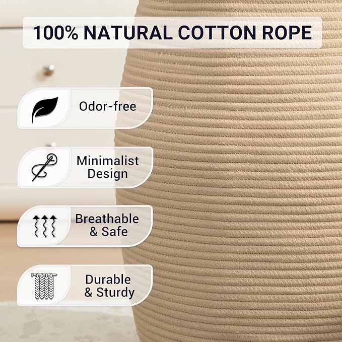Extra Large Laundry Hamper Basket 105L Woven Blanket Basket, Jute Brown | Tall Clothes Hamper, Rope Wicker Laundry Basket, Storage Basket for Toys, Dirty Cothes in Bedroom, Living Room Organizer
