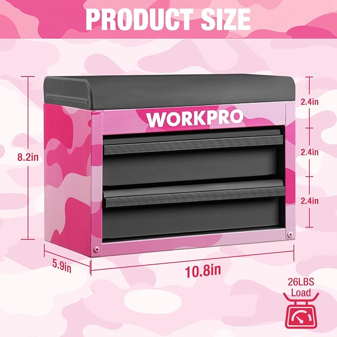 WORKPRO Metal Mini Tool Box with 2 Drawers and Top Storage | Cold Rolled Steel Toolbox, Ball Bearing Slides, PVC Drawer Liners, PP Feet Pads, Durable Storage