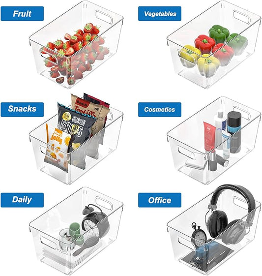 4 Pack Plastic Storage Bins with Lids, Clear Stackable Organizer with Handle, Kitchen Pantry Organizers and Storage, Perfect for Pantry, Refrigerator, Fridge, Bathroom, Cabinet, Closet, Kitchen