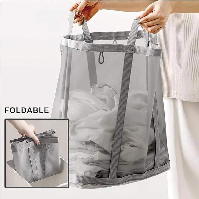 Mesh Bag with Handles, Collapsible Laundry Basket, Foldable Laundry Bag, Breathable Folding Beach Bag,Space-saving Travel Tote Bags (2, Pink)