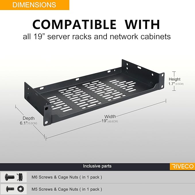 RIVECO 2 PCS 6” Rack Shelves for 19 inches Network Rack & Cabinets, 1U Rack Mount Shelf Vented Cantilever Tray, for Server, IT & Sound Equipment