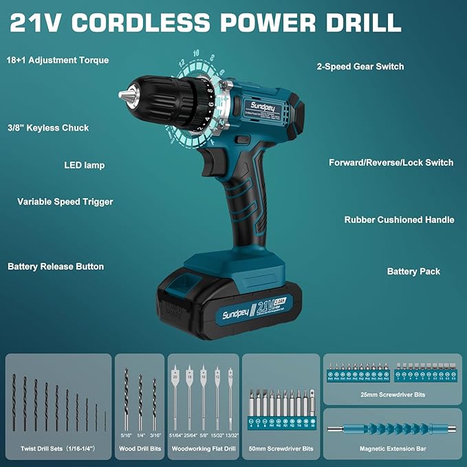 Sundpey 255-PC Portable Home and Auto Tool Kit Set with 21V Cordless Drill | with Drawer Storage Case, 2x2.0Ah Batteries,Mechanic Set, for Handyman & Men Women, for Household House Garage Apartment Dorm