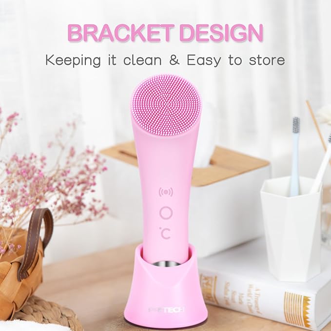 PRITECH Facial Cleansing Brush, Rechargeable Silicone Face Scrubber with Heat Massage End, Vibrating Exfoliator Scrubber for Deep Cleaning, Waterproof Face Brush for Women and Men (Pink)