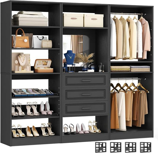 Unikito Modular Closet System with 3 Sets, 75”Closet Organizer System with Drawers, Mirror, Hanging Rods and Adjustable Shelves, Freestanding Wood Wardrobe Garment Rack, Walk in Closet Tower, Black