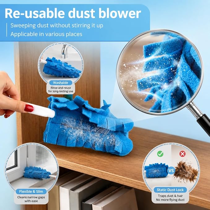 5 PCS Reusable Duster Refills, 360° Electrostatic Washable Microfiber Duster with Handle & 5 Hooks, Multi-Surface Cleaning Tool for Home Car Furniture Fans
