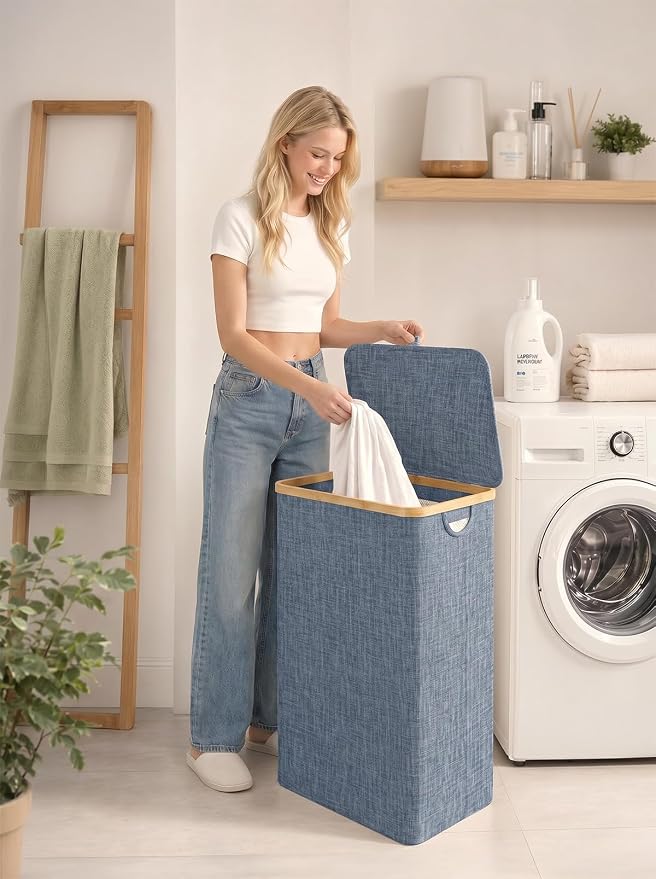 IEGrow Laundry Hamper with Lid,110L Laundry Basket with Mesh Bag,Blue | Dirty Clothes Hamper Basket with Bamboo Handle for Clothes Towels Organization