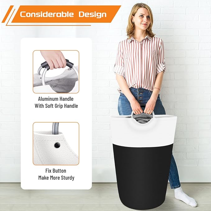 BlissTotes 75L Laundry Basket, Freestanding Collapsible Hamper, Black | Collapsible Dirty Clothes Hamper, Foldable Laundry Bag for Dorm, Waterproof Fabric, Padded Aluminum Handles