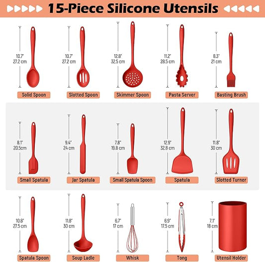 Kitchen Cooking Utensils Set with Holder, Homikit 15-Piece Silicone Spatula Set for Nonstick Cookware, 446°F Heat Resistant Spoon Turner Tong Whisk Brush for Cooking and Baking-Red