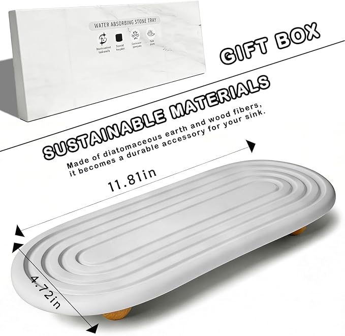 Instant Dry Sink Tray, Anti-Slip Stone Sink Caddy, Durable Kitchen Sink Organizer, Quick Dry Water Absorbing Stone Tray for Bathroom Counter, Stone Soap Tray -White