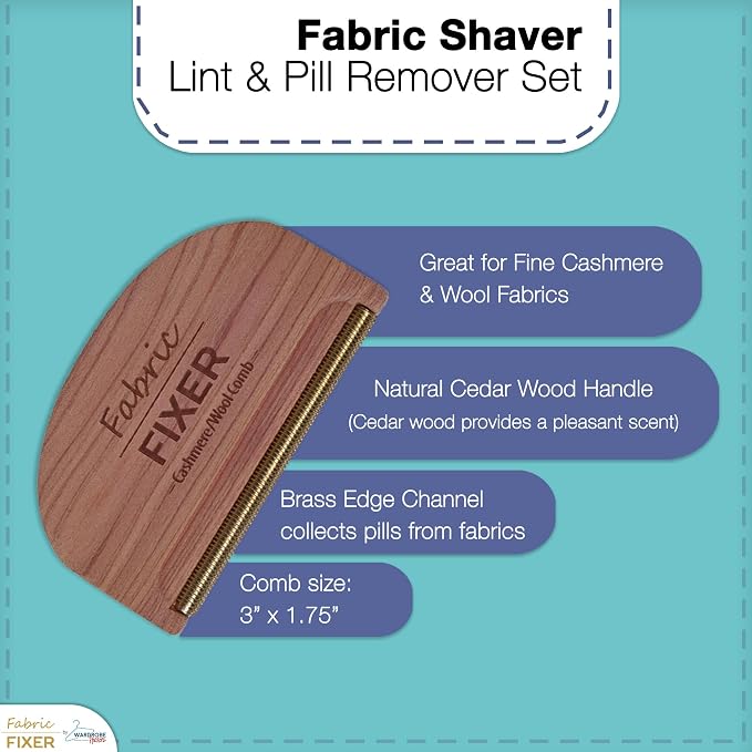 Cashmere Pill Remover Comb with Cedar Wood Handle - Sweater Fuzz Comb & Wool Pilling Remover for Delicate Clothing, Fabrics, Furniture, Sheets by Fabric Fixer