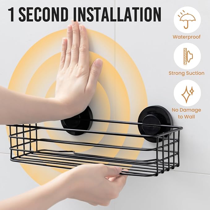 LEVERLOC Shower Caddy Suction Cup, 3 Pack Heavy Duty Bathroom Organizer for Inside Shower with Hooks & Soap holder, Removable Bathroom Holder, Rustproof Black Storage