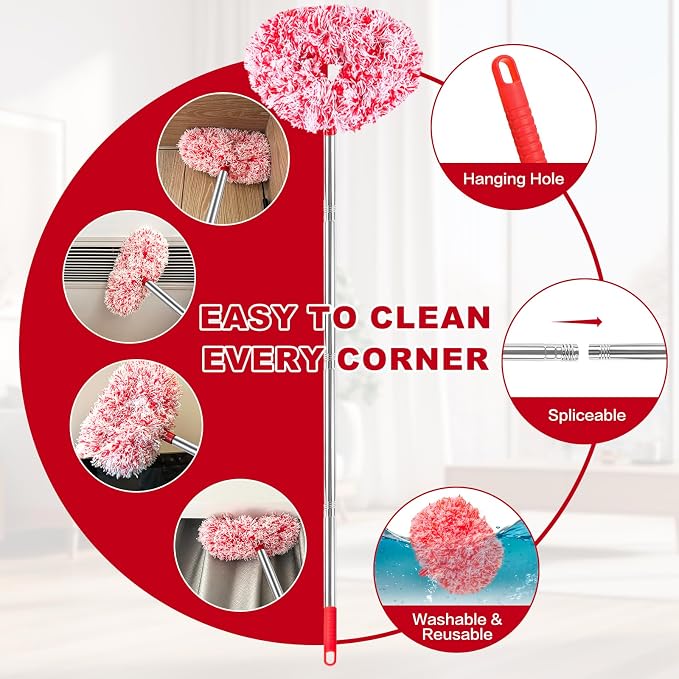 Ceiling Fan Cleaner Duster Reusable Microfiber Ceiling Fan Blade Cleaner Removable Duster with Extension Pole Adjusts 13 to 49.7 Inch for Cleaning Walls Furniture Door Window Top (Red White)
