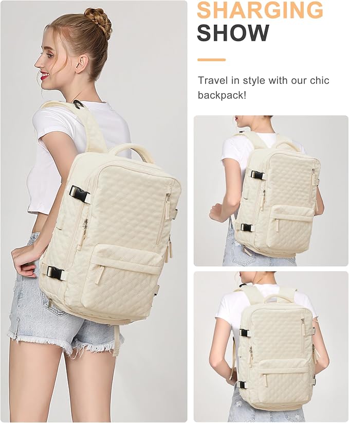 WONHOX Travel Carry On Backpack for Women, Waterproof Laptop Backpack for Traveling on Airplane Hiking Gym Backpack with USB Charging Port Shoe Compartment, Beige