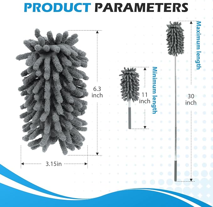 ZZ LAZYCOTTAGE 12 Pack High Duster with Extension Pole, Reusable & Washable Feather Duster, Microfiber Dusters for Cleaning for Ceiling Fan, Sofas, Ceiling, Car, Cabinet, Furniture, Blind(Gray)