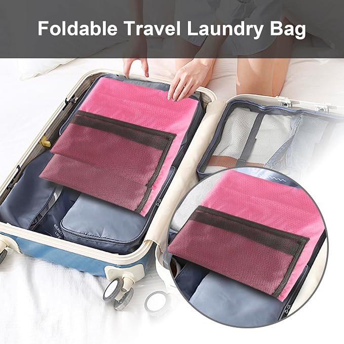 Laundry Bag Backpack Durable Laundry Bag with Shoulder Straps and Mesh Pockets Portable Laundry Hamper Dirty Clothes Bag for College, Travel, Laundromat, Apartment (Pink, 2 Pack)