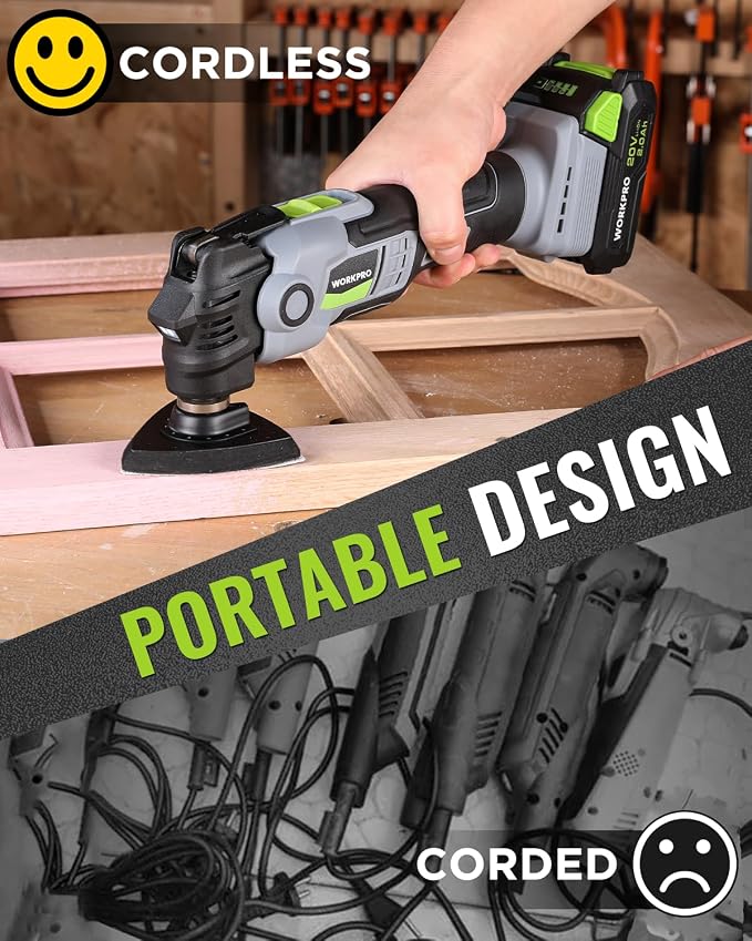 WORKPRO 20V Brushless Cordless Oscillating Multi-Tool Kit | 6 variable speeds, 3.6° oscillation angle, 21-piece accessories, 1 battery & storage bag, for DIY and home improvement