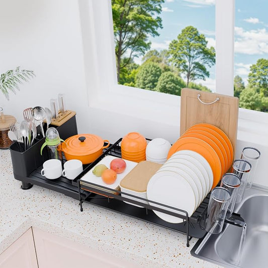 Large Dish Drying Rack - Expandable Dish Drying Rack with Utensil Holder & Cup Holder,Auto-Drain Multifunctional Dish Racks for Kitchen Counter with Drainage,Black