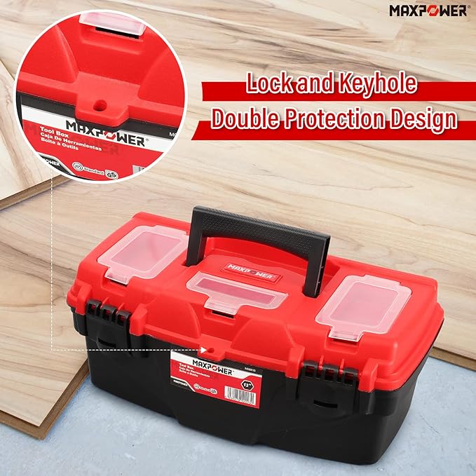 MAXPOWER 13-Inch Tool Box, Small Toolbox with Removable Tray & Dual Lock Secured Tool Box Organizer for Household