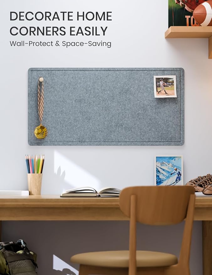 Fluxynara 35" x 17.1" Bulletin Board, Blue Gray | Cork Board Alternative with 12 Removable Adhesive Tabs, Foldable Felt Pin Board for Home, Office, Classroom & Dorm