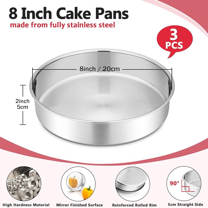 P&P CHEF 8 Inch Round Cake Pan Set of 3, Stainless Steel Round Baking Layer Pans Bakeware for Layer Birthday Cake, Fit Oven/Pots/Pressure Cooker, Leakproof & Dishwasher Safe, Silver