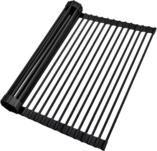 Ohuhu Over The Sink Dish Drainer Drying Rack, 17.6" W x 15.4" L Roll Up Dish Racks Kitchen Sink Organizer Silicone Wrapped Large in Sink Dish Drying Rack Foldable Rolling Drain Mats Anti-Slip